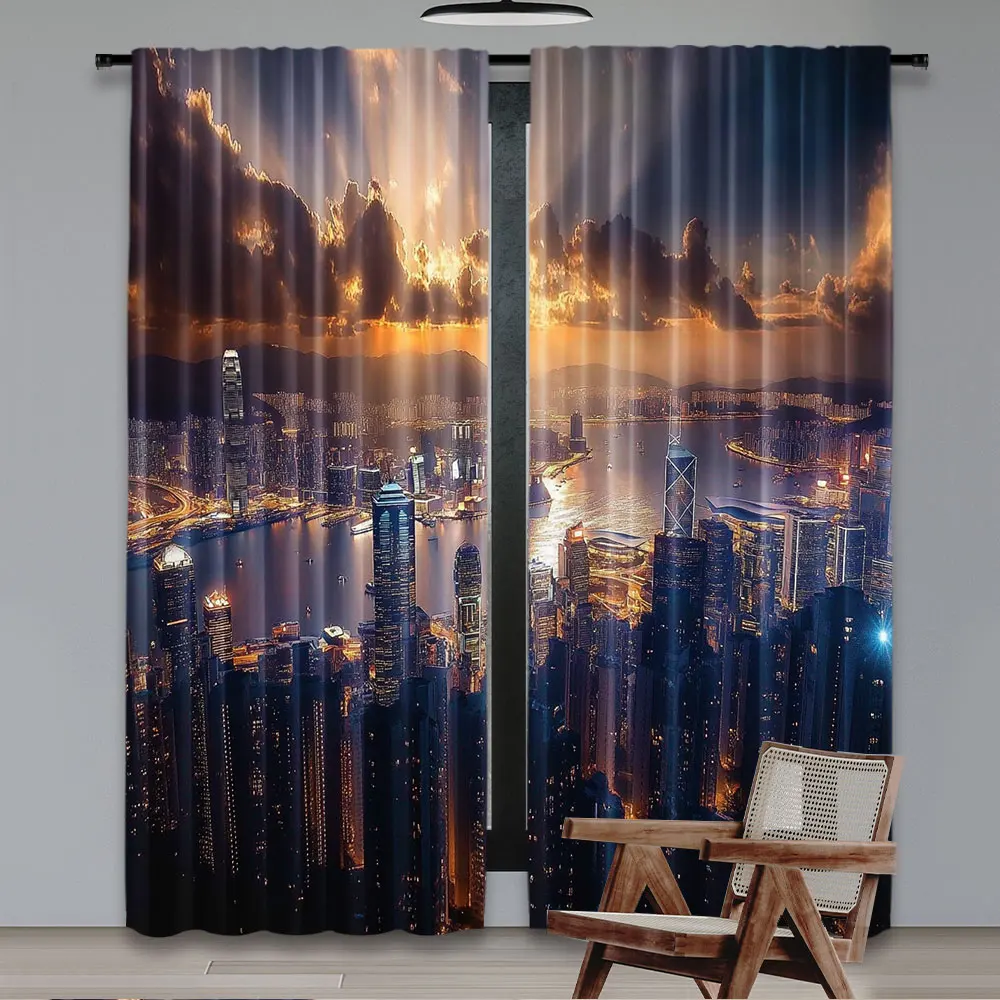 2Pcs Urban Contemporary Curtain Aerial Skyline Of Night Victoria Hong Kong City Skyscrapers Window Drapes All Season Charm For