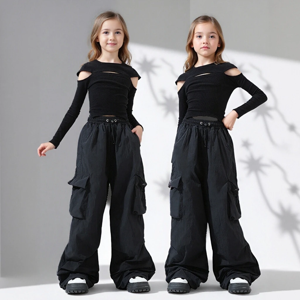 

Наряд для джазовых танцев для девочек, стильный комплект для групп, сценического шоу, модные моделирующие костюмы для подиума, черный детский костюм для подростков