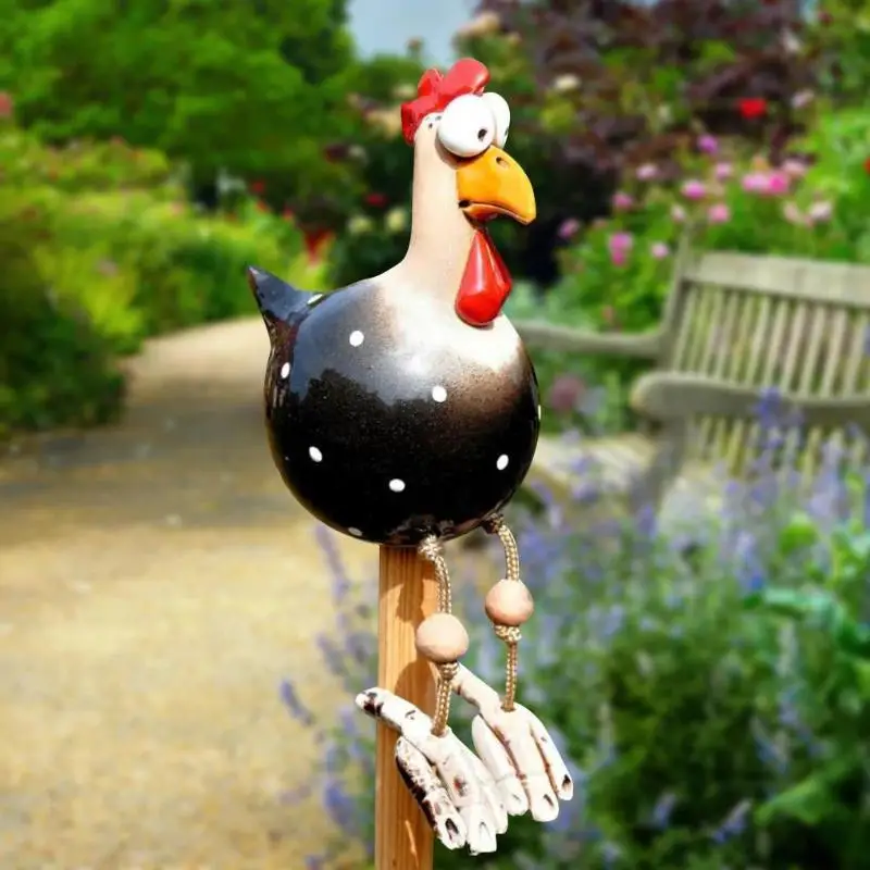 New Funny Big Eyed Chicken Long Foot Resin Crafts Statues Statue Wooden Stake Decoration Hen Sculptures Garden Fence Art Supply