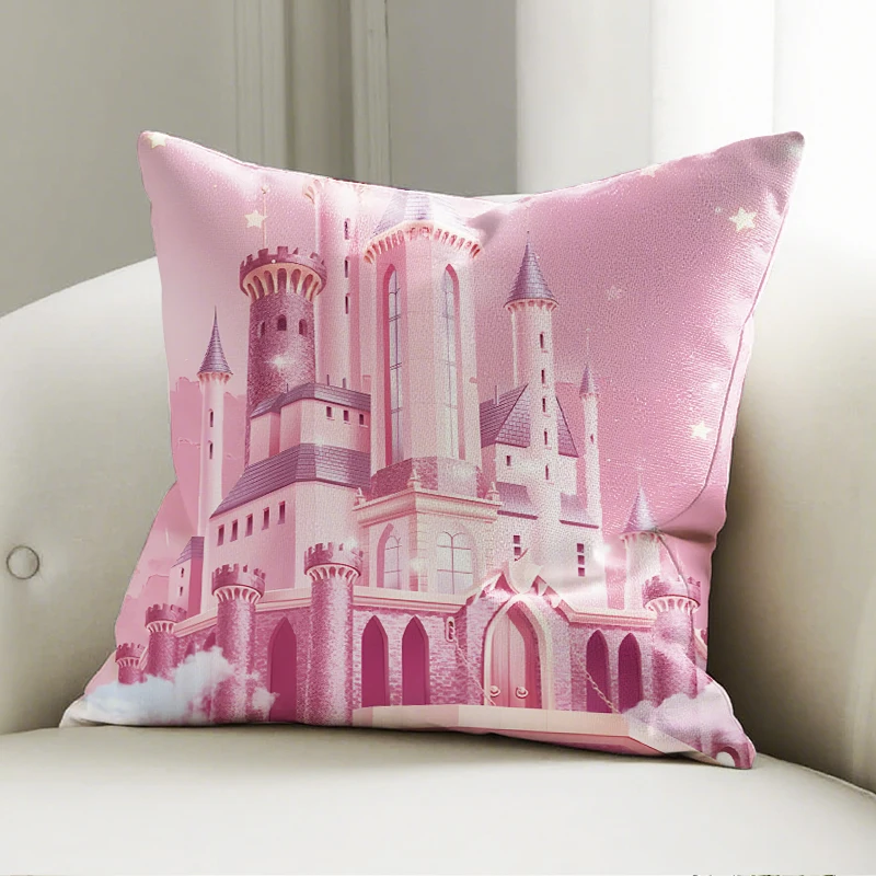 

Pink Castle Pillow Case Soft Cushion Cover for Sofa Bedroom Kids Room Princess Decorative Throw Pillowcase