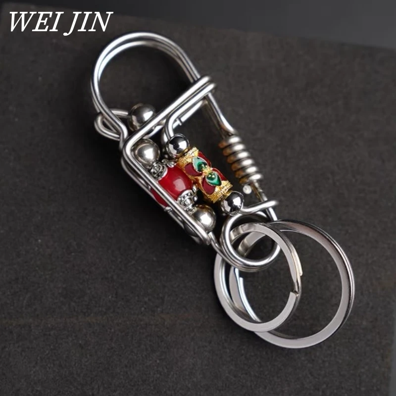 Stainless Steel Keychains, Mechanical  Style , 2 Layers Steel Wire Red Beaded Car Keyring,Men Outdoor Hook Buckle Trinket