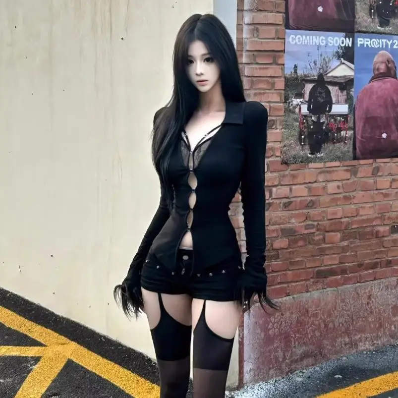 

Sexy Lace Trim Waist V-ne Svel Hollow out Top Bla Y2K Sle Faionable Slimming Women's T-irt Spring 2025