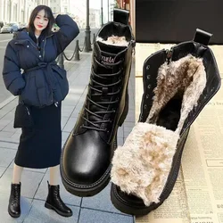 Waterproof Winter Snow Boots Women 2024 Plus Velvet Thick Cotton Women Shoes Black Leather Warm Platform Women's Ankle Boots