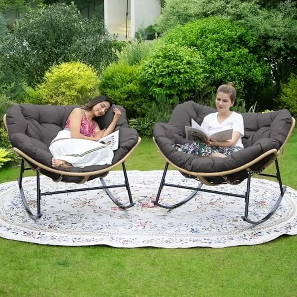 Indoor Outdoor Papasan Rocking Chairs Set with Plush Cushion Lounge Reading Chair Bedroom Living Sturdy All-Weather Rattan Egg