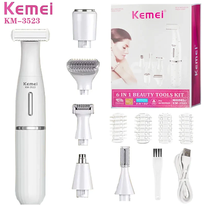 Kemei 6in1 Women Electric Shaver Facial Body Lady Razor Bikini Trimmer Leg Epilator Eyebrow Rechargeable Nose Ear Hair Remover