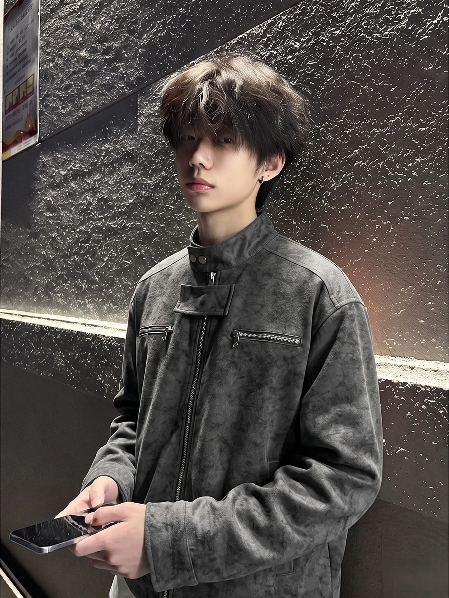 American Dyed PU Leather Jacket Men's Short Stand Collar Motorcycle Style Shoulder Fit Suede Velvet Autumn Fashion Outerwear
