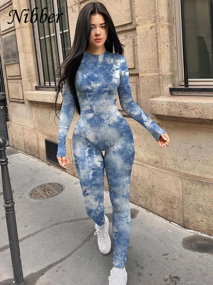 Kombinezon damski Nibber z prążkowanym wzorem tie-dye, jesienny, z jaskrawym nadrukiem, sportowy, z okrągłym dekoltem, długim rękawem, modny, na co dzień, obcisły, casualowy, trendy, streetwear
