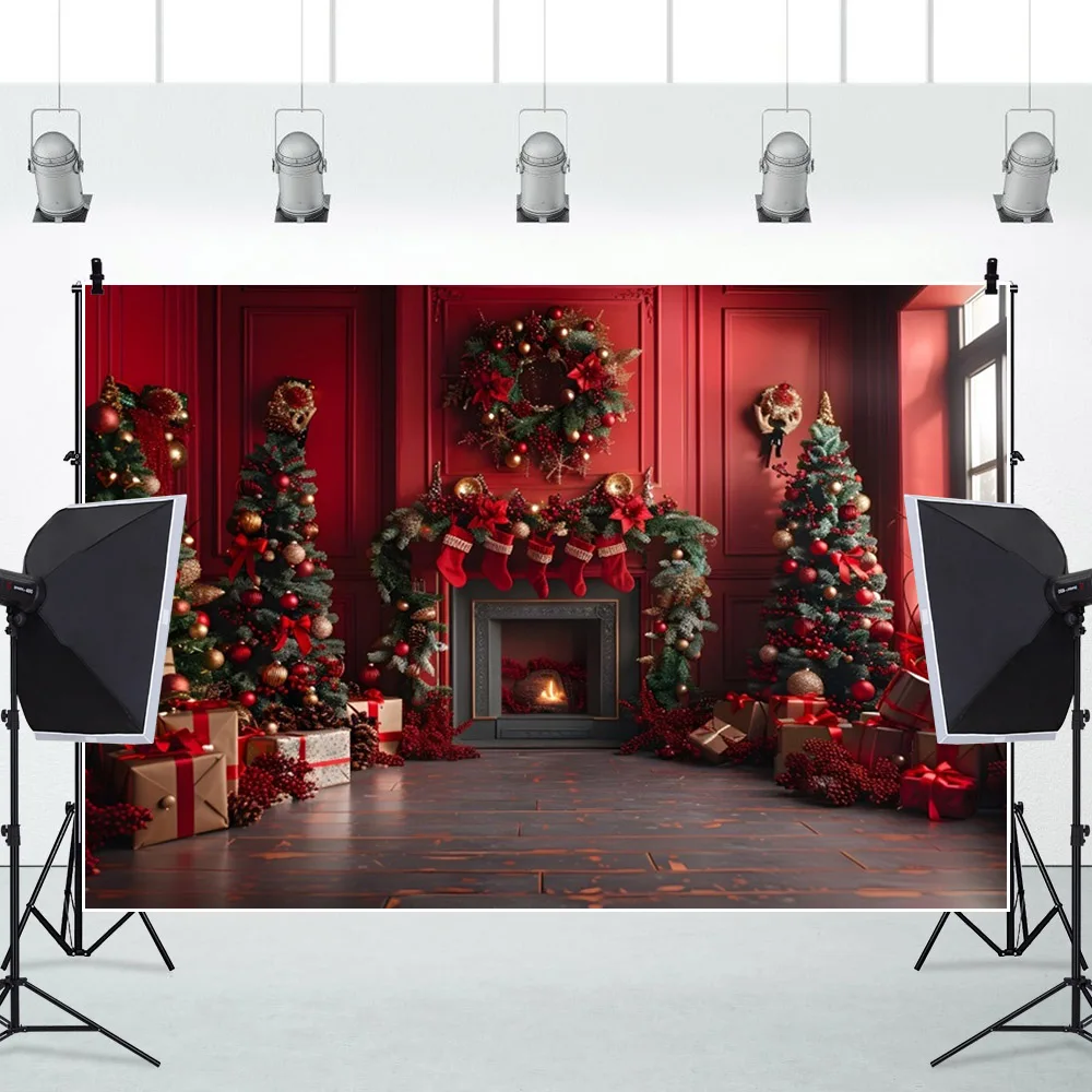 Christmas Interior Scene Backdrop Fireplace Xmas Tree Gifts Vintage Room Wall Kids Portrait Photography Background Decor Banner