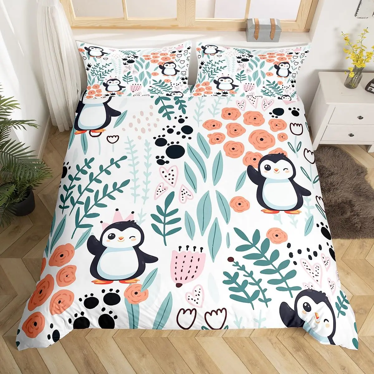 

Cute Penguin and Love Heart Duvet Cover Set for Kids Teens Lightweight Quilt Cover with 2 Pillowcase Cartoon Penguin Bedding Set