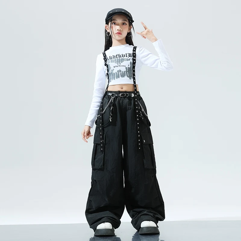 Y2K K-Pop Mädchen Jazz Dance Kleidung Weiße Tops Schwarze Hosen Lange Ärmel Hip Hop Kostüm Kinder Mode Leistung Outfits BL13854