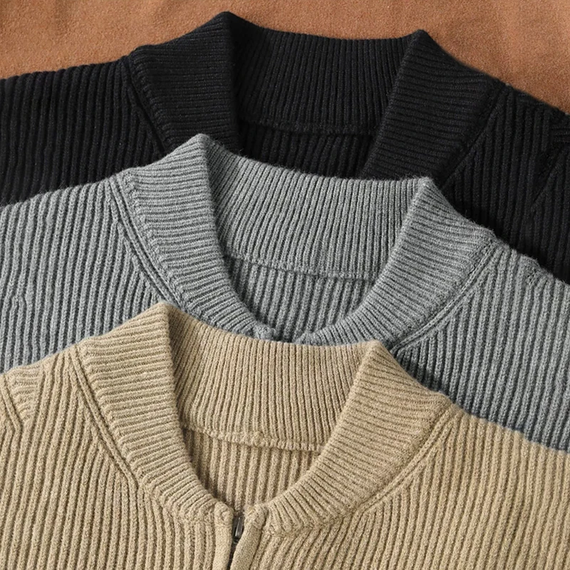 Cárdigan de punto con diseño de cremallera para hombre, suéter de invierno, prendas de vestir exteriores ajustadas de Color puro, cárdigan con cuello de punto, abrigos
