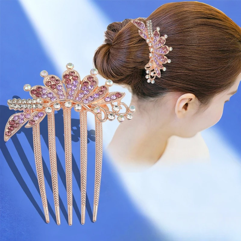 

Luxury Rhinestone Hair Comb Elegant Vintage Accessory Hairpin Crystal Flower Hair Clips Hair Sticks Women Hairs Accessories Pink