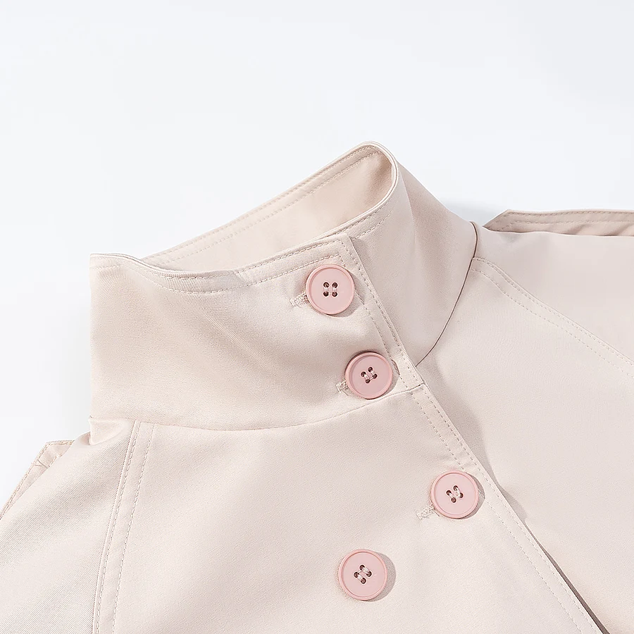 Lässige Rosa Doppelreihige Jacke für Damen, Schicker Stehkragen, Lange Ärmel, Taillengürtel, Frühjahrs-Mantel für Täglichen Arbeitsweg und Streetwear – Detail 4