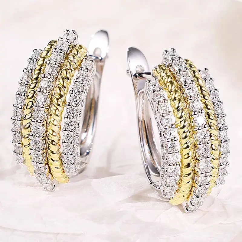 Huitan Damen-Ohrringe mit mehrschichtigem Design, zweifarbig, für Partys, Alltag, wunderschöne Accessoires, eingelegt mit glänzendem CZ, trendiger Damenschmuck