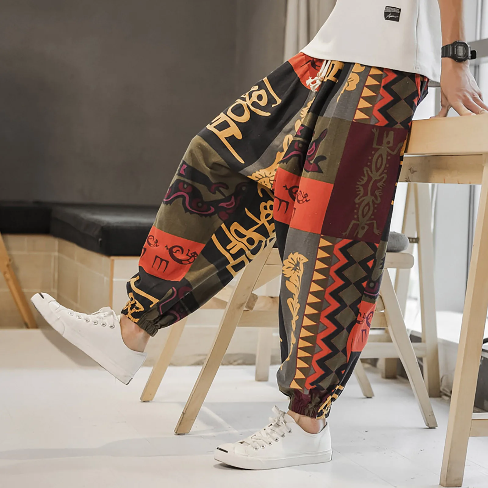 

Oversize Men Loose Sport Casaul Cotton Linen Harem Pants Retro Novel Print Sweatpants Street Drawstring Baggy Pocket Trousers