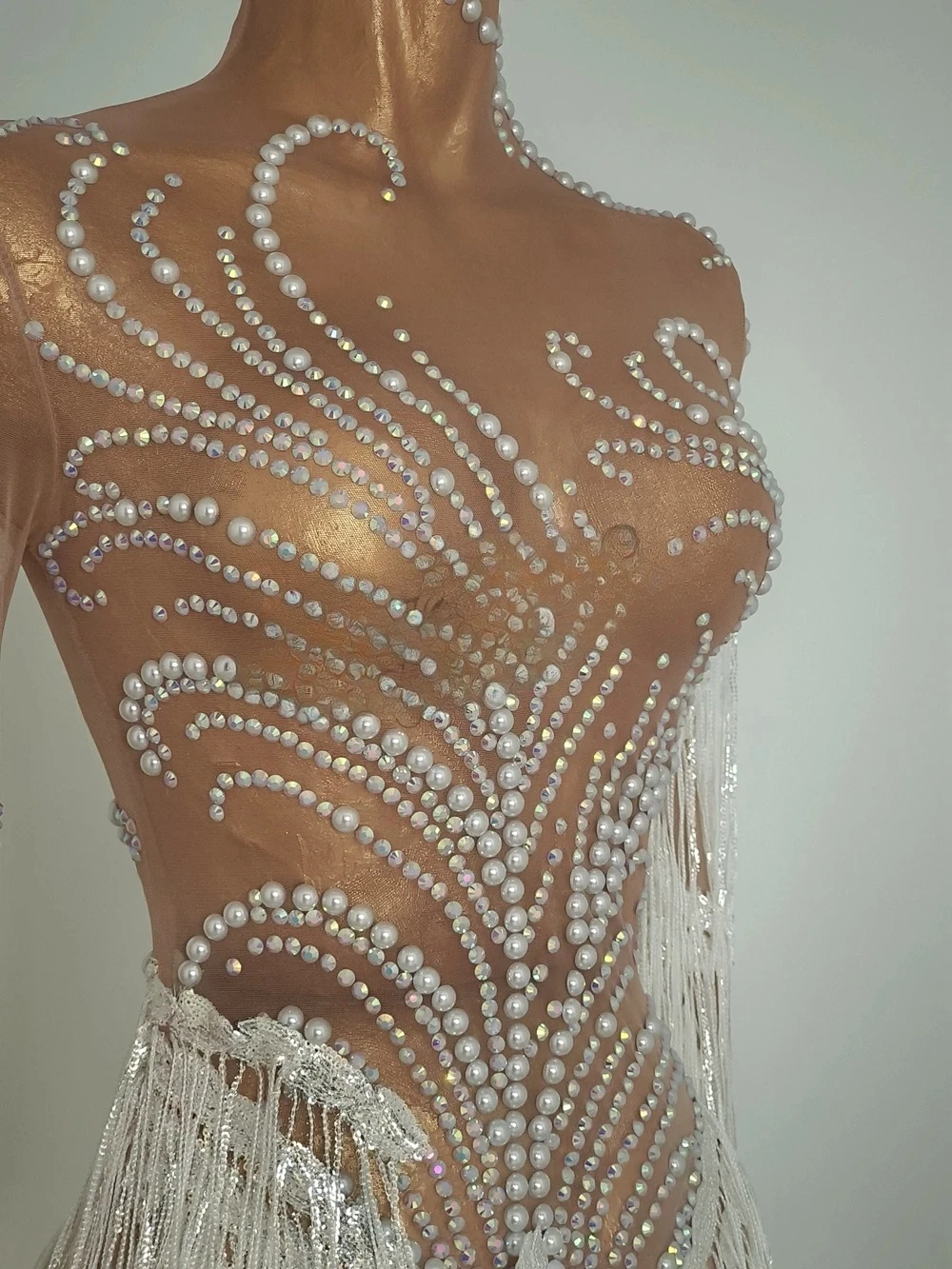 Vrouwen sexy mesh transparant danskostuum fotoshoot dragen sprankelende strass pailletten franjes verjaardag vieren avondjurk