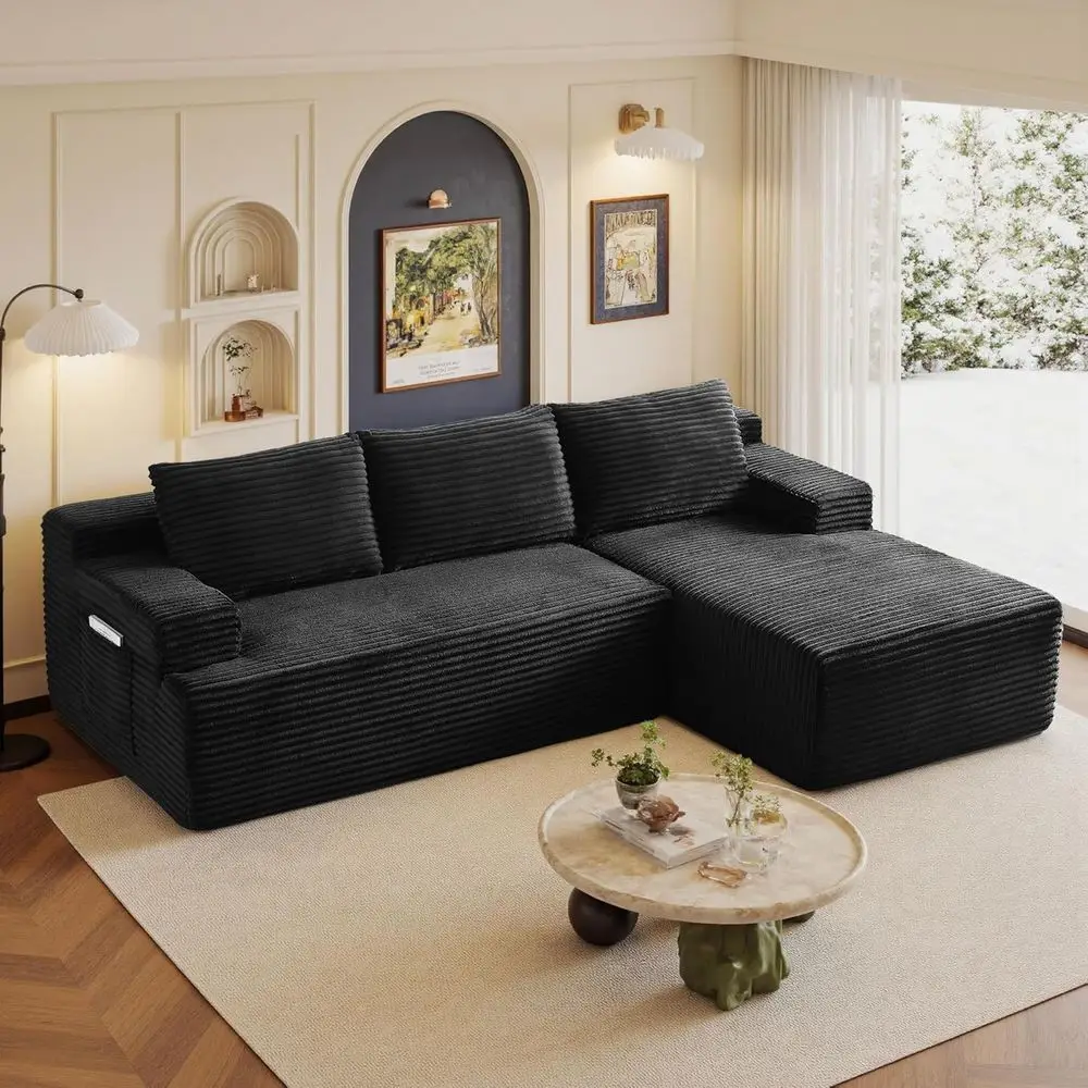 

Modern L-Shape Sectional Sofa with Chaise in Black, 96 Wide + Right-Facing Chaise + 2 Seaters