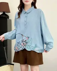 2026 Harajuku Fashion Cartoon Embroidery Denim Shirts Blouses for Women Japan Style Soft Cotton Denim Tops Jean Shirts