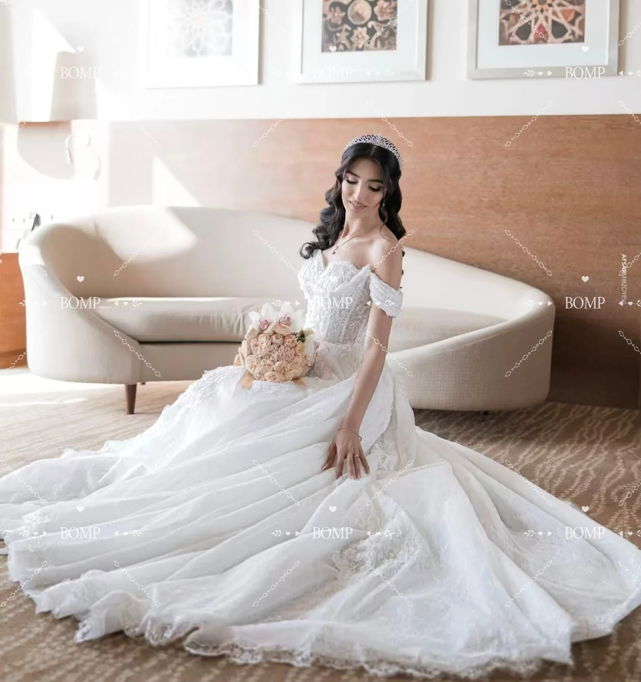 BOMP Princess White Lace Wedding Dress Off Shoulder Appliques Sweep Train A-Line Woman Bridal Gown Customized Robe de mariée