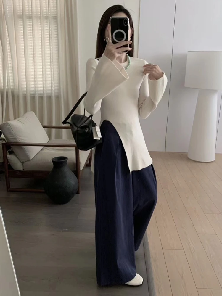 

Облегающий корейский вязаный свитер женский Faion Bell Sve round Ne Base irt Autumn Sle Classy Open Split Long S...