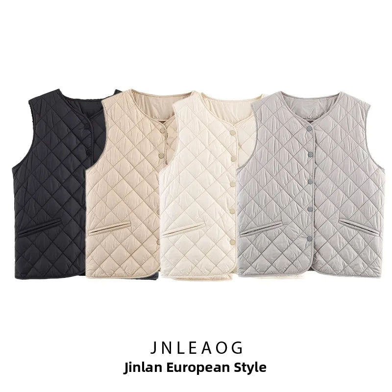 

JNLEAOG Women's Knitted Cotton Vest Autumn New Sle Svel Patchwork Diamond Quilted Polyester Fiber round Ne Commute
