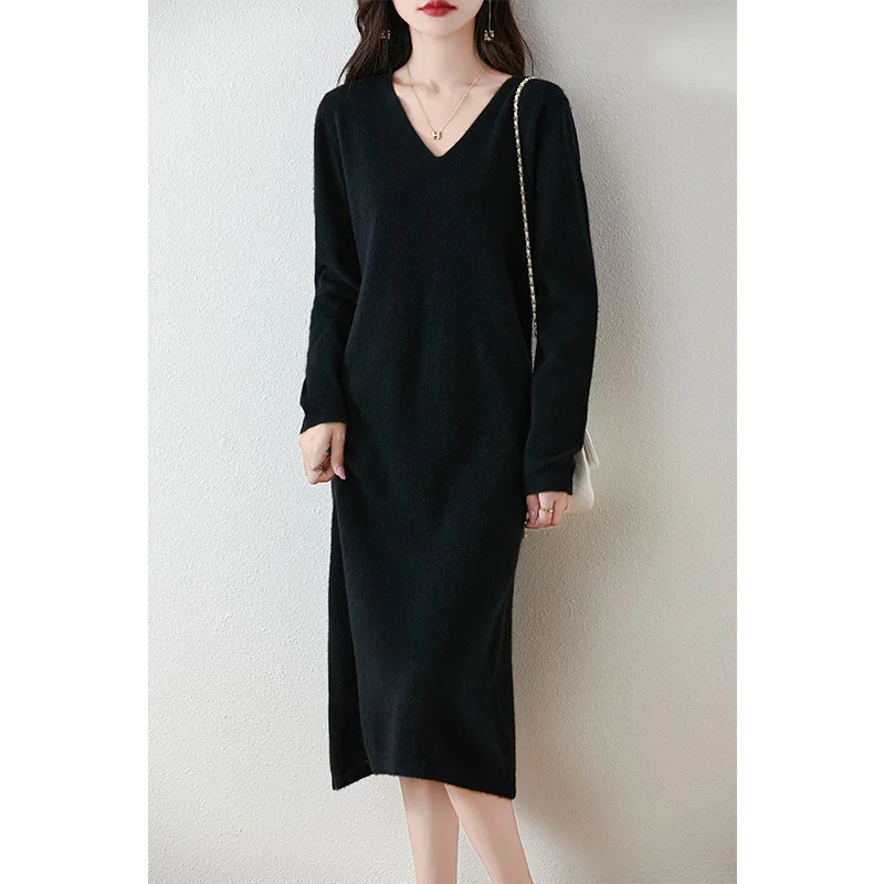 Autumn Winter Women 100% Merino Wool Dress V-Neck Long Sleeve Warm Luxury Fashion Long Skirt Solid Color Loose Knitted Dress