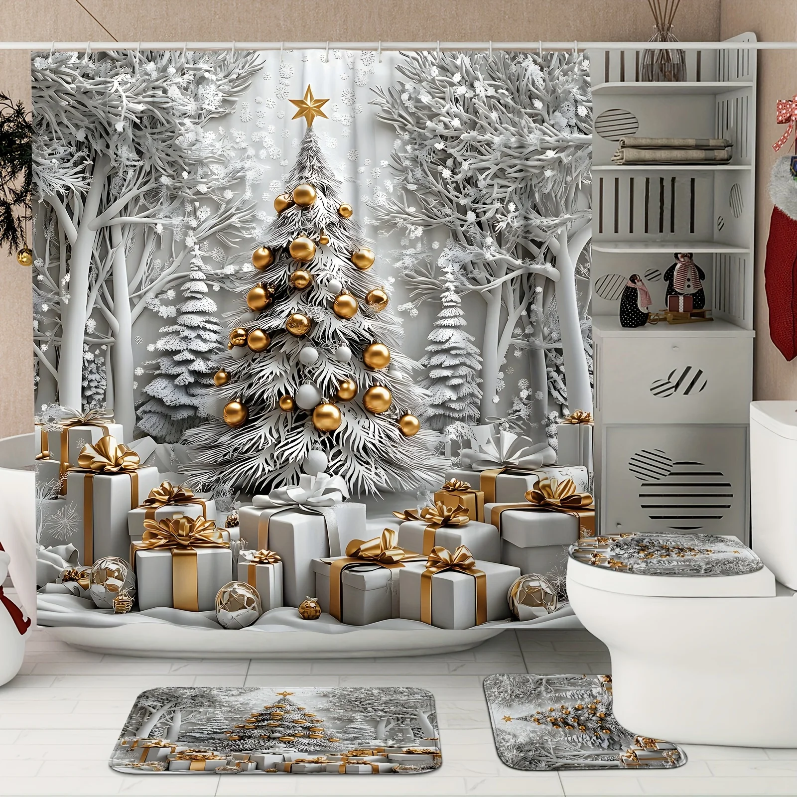 4PCS Christmas Tree Shower Set – 12 Hooks Non-Slip Mat U-Seat Cover Toilet Lid Cover Holiday Bathroom Decor