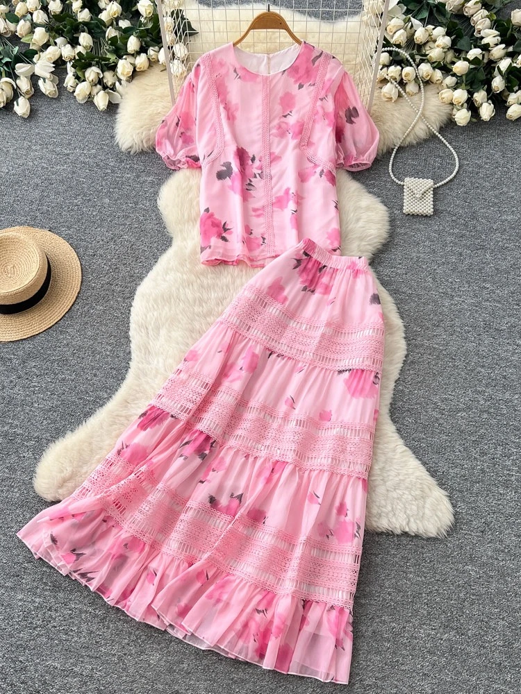 

French gentle style printed sweet two-piece set women's summer new round neck short sleeved lace top high waisted long skirt