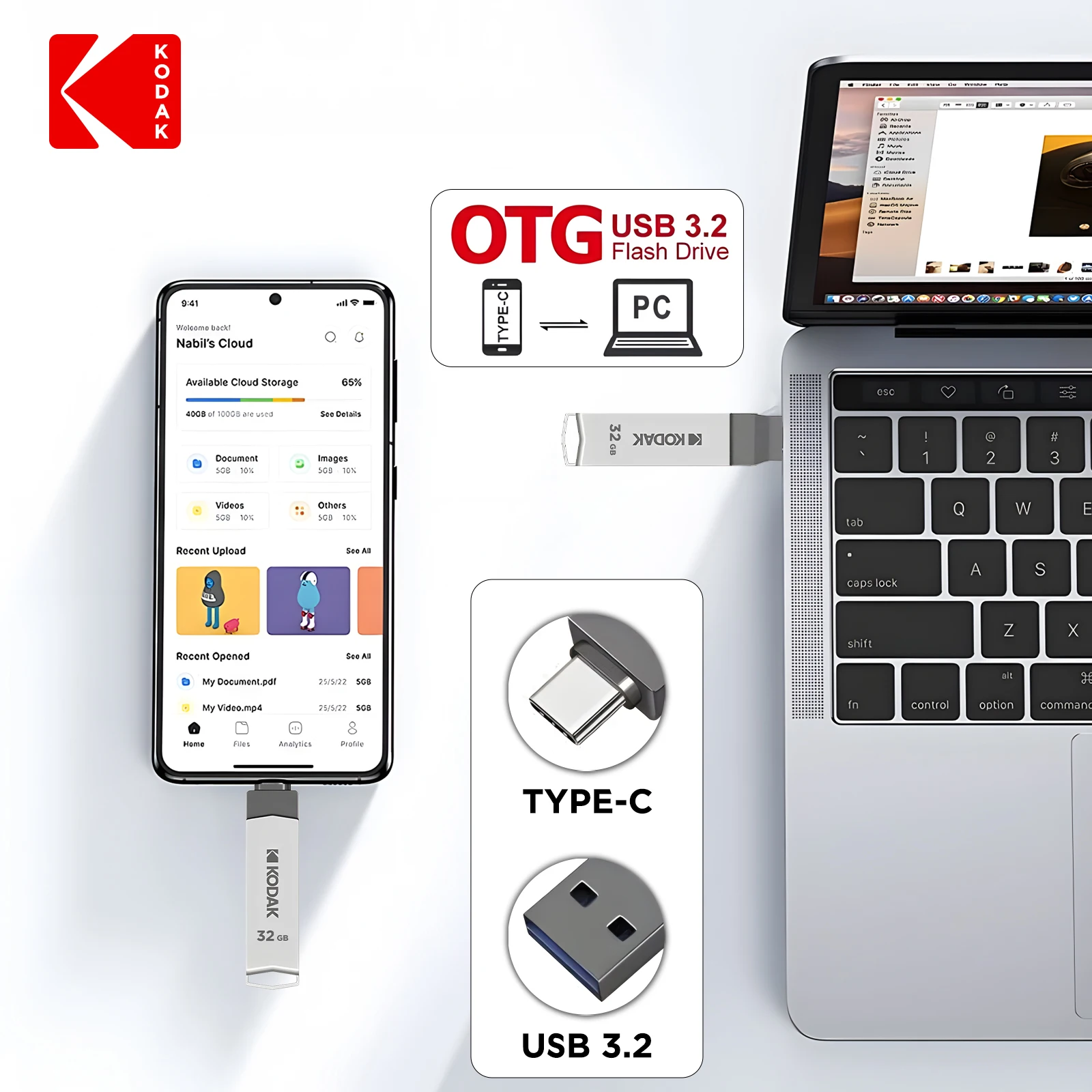 Kodak K273 ponsel pintar Laptop, 3 buah USB 3.2 Tipe C 2 in 1 kecepatan tinggi