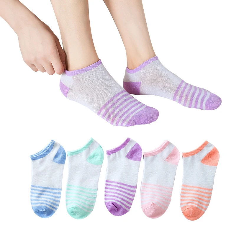 

5 Pairs Women Solid Colors Colorful Striped Short Socks Set Girls Thin Summer Casual Fashion Polyester Cotton White Ankle Socks