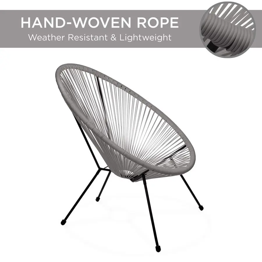 3Piece Outdoor Acapulco AllWeather Patio Conversation Bistro Set w Plastic Rope, Glass Top Table and 2 Chairs Gray