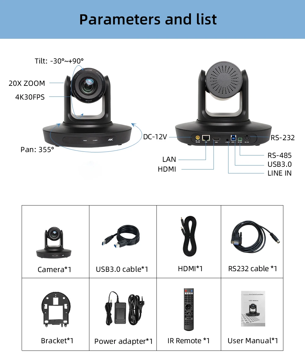 Live Streaming LAN USB3.0 Port PTZ Camera Web Cam 20X Zoom HDMI POE UHD 4K PTZ Webcam For Live Broadcast Church And Education