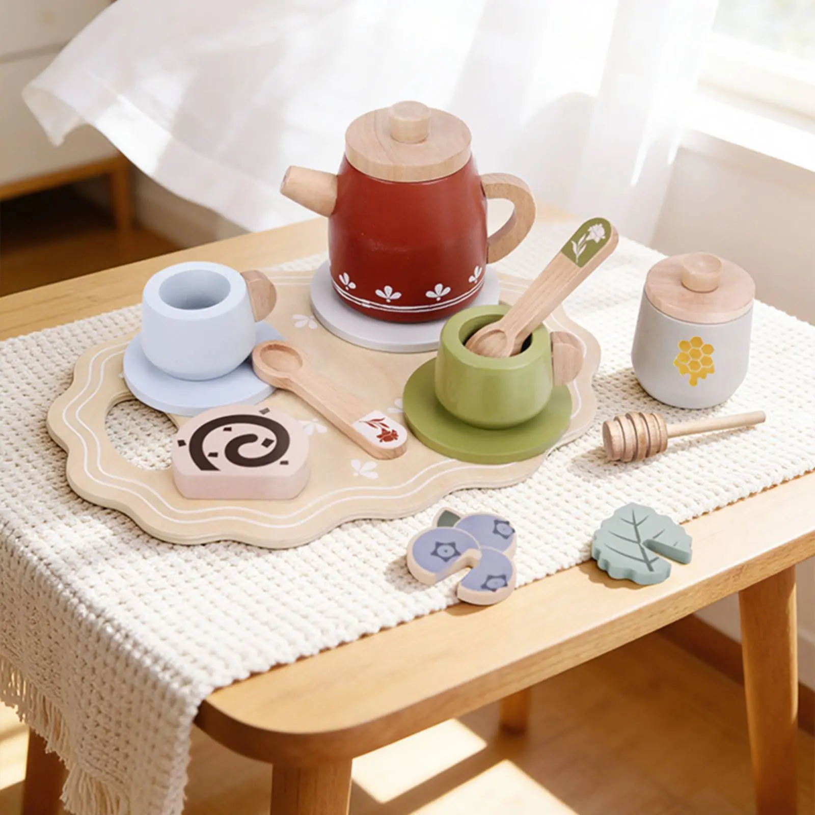

Afternoon Beverage Playset Burr-Safe Wooden Beverage Set Children's Toy Water-Based Paint for Preschoolers, Playroom, Home