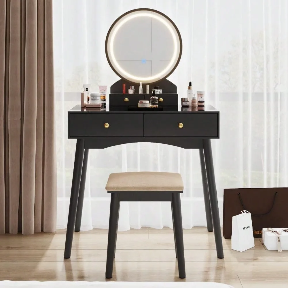 Vanity Desk Makeup Vanity Table with Lighted Mirror Vanity Set with Modern Desktop, Soft Cushioned Stool, 4 Storage Drawers