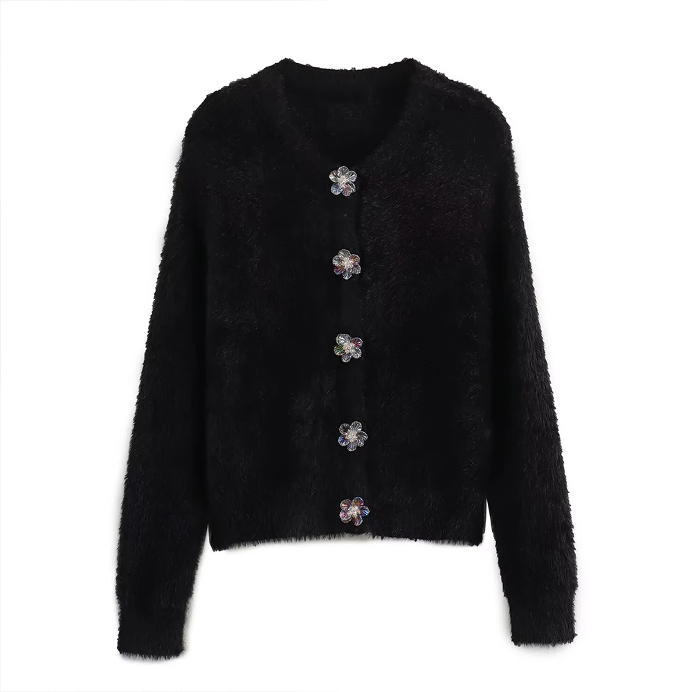 ZATT 2024 Autumn New Collection Sweet Round Neck Flower Button Single Breasted Artificial Fur Short Women Cardigan Sweater