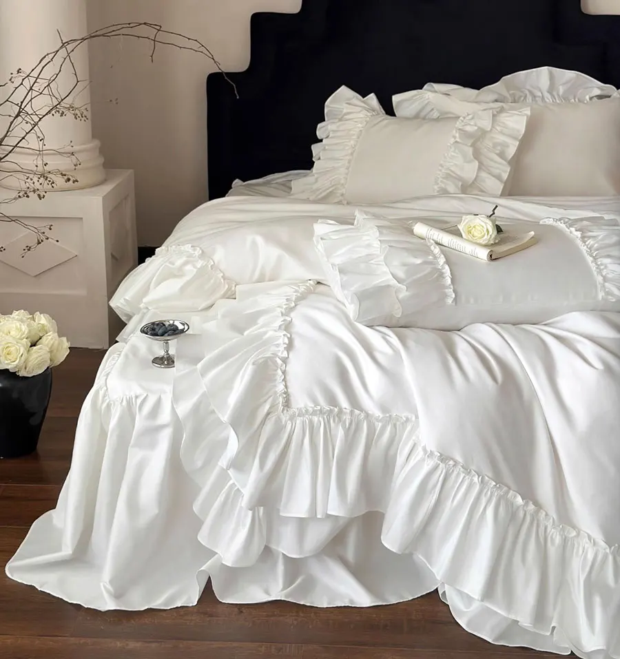 Fairyfair ruffle solid bedding set,full queen king romantic princess pure cotton home textile bed skirt pillow case duvet cover