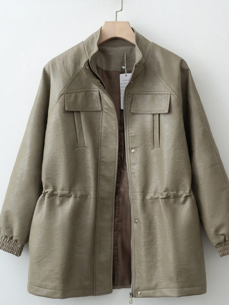 Herbst Winter Pu Leder Jacke Für Frauen Solide Volle Hülse Elastische Verstellbare Taille Mantel 2025, Neue Dame Mode Lässig Outwears