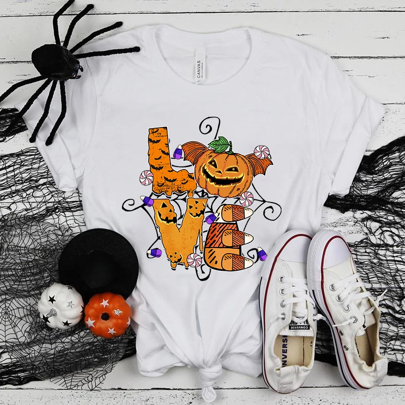 

(Premium T-shirt)Hot Halloween Pumpkin Love Print Short Sleeve T Shirts Women Casual Shirts Summer Women'S Crew Neck T-Shirts