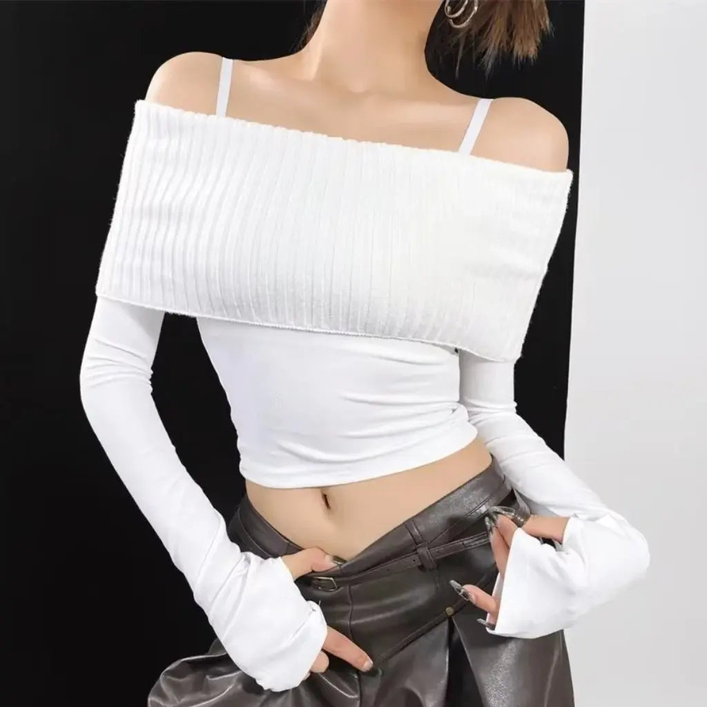 

Women's Slim-Fit Off-Shoulder Sweater Autumn Long-Sleeved Knitted Stitching Tight Slimming Top T-Shirt Style