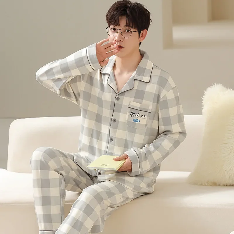 High Quality 100%Cotton Spring Men\'s Pajamas Suit Autumn Winter Large Size Long Sleeve Trousers Loungewear Set Soft Warm Male ﻿