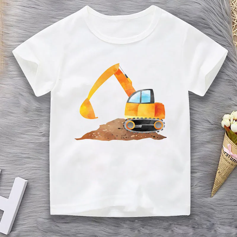 Excavator Bulldozer Toy Family Round Neck Printed T-shirt Short Sleeve Children Kids Clothes  Girl Clothes  Kids Clothes Boys