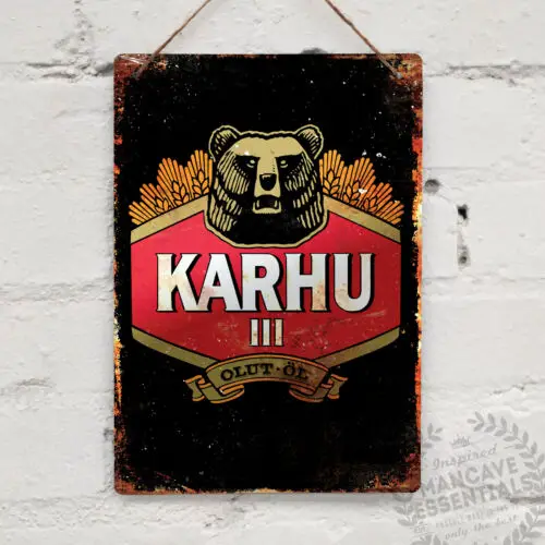 KARHU III Vintage Metal Wall Sign Plaque Retro Pub Bar Mancave Suomi Olut Beer