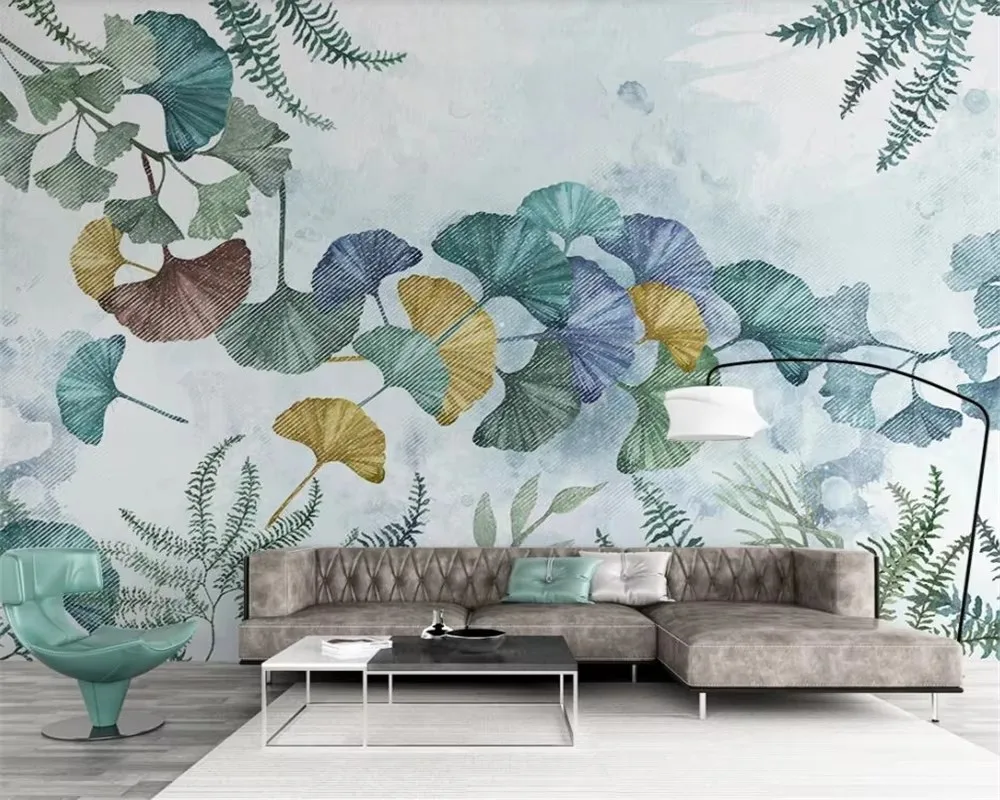 

Custom wallpaper mural small fresh modern minimalist plant ginkgo leaf flower bird nordic tv background 3d wallpaper