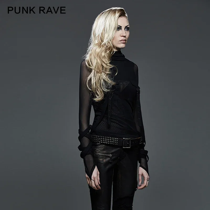 PUNK RAVE Punk Women Dark Street T-Shirt Big Hood Black Translucent Long Sleeves Stretch Tee Shirt Heavy Steampunk Tops Hooded