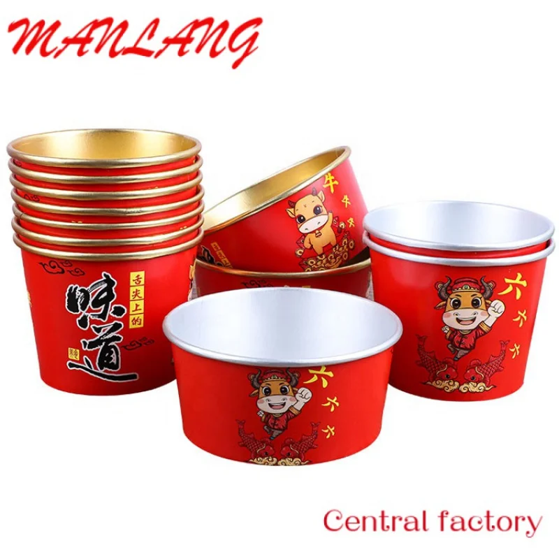 Custom  Gold Foil Silver Foil Paper Salad Bowl Paper Disposable Soup Cups With Lid Takeout Food Lunch Box Noodles Paper Containe