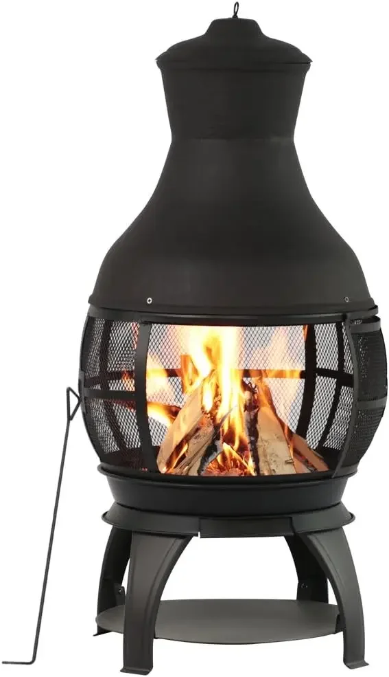 Wood Burning Fire Pits Chimenea Outdoor Fireplace Wooden Firepit, Brown-Black