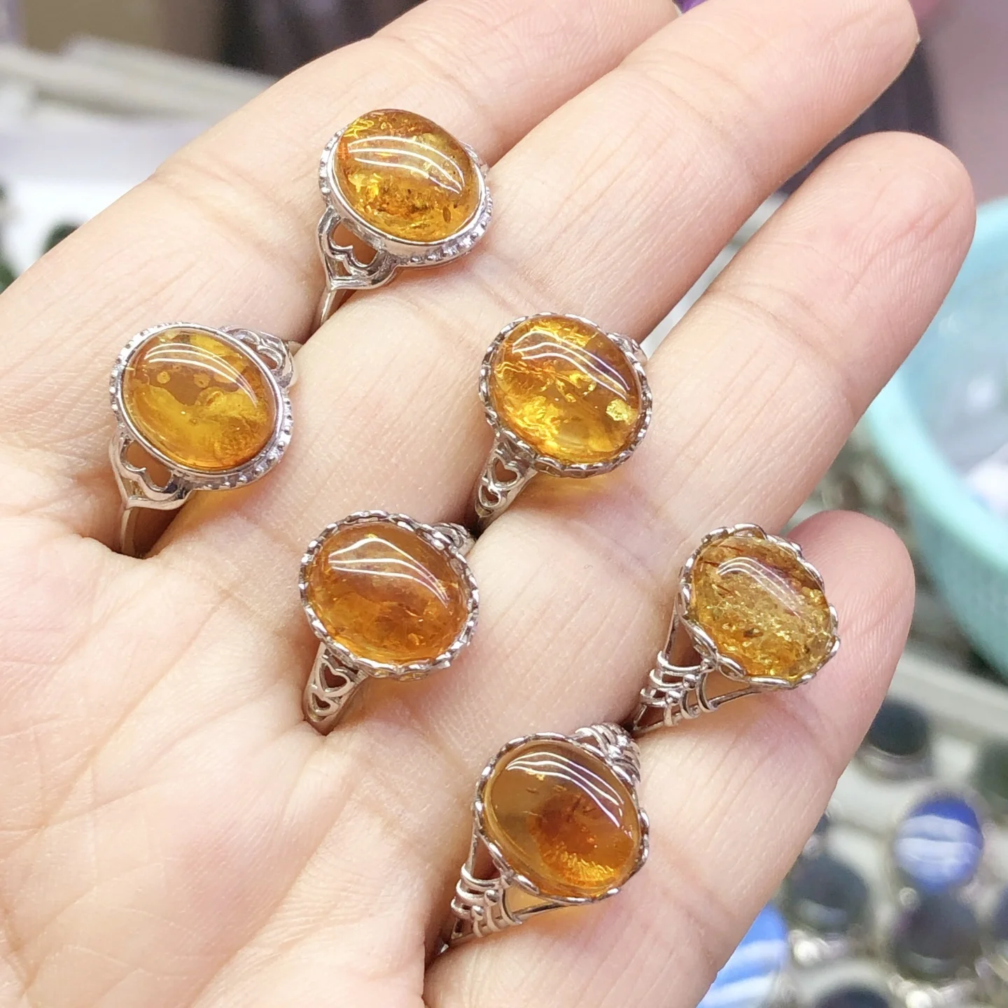 

1Pc Fengbaowu Natural Flower Amber Oval Cabochon Ring 10x12MM 925 Sterling Silver Reiki Healing Stone Jewelry Gift For Men Women