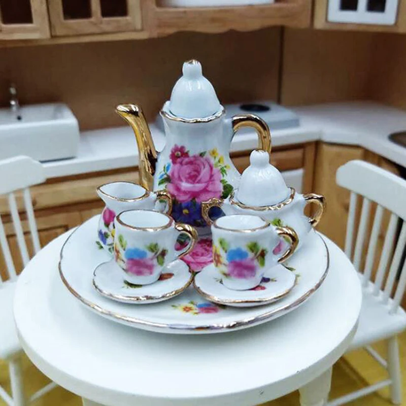 

8Pcs/set Dollhouse Miniature Dining Ware Porcelain Tea Set Model Mini Simulation Dish Cup Plate Doll House Kitchen Accessories