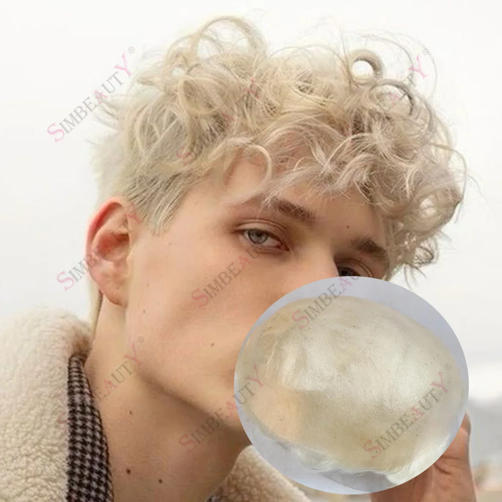 

European Super Natural Hairline Undetectable Vloop Men Toupee 26mm Curly 0.06mm Thin PU 613# Blonde Grey Human Hair Prosthesis