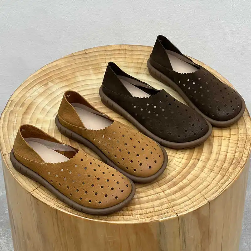 Retro Nostalgic Style Flat Bottomed Summer Women's Shoes All Made  Genuine Leather Sandals Rural Elderly Shoes Healthy soft